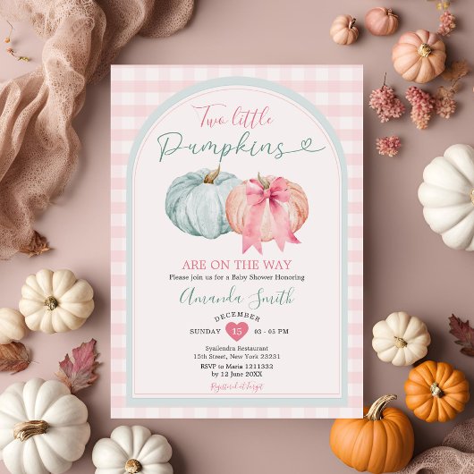 2つの小さなパンプキンブルー&ピンクジンガムベビーシャワー 招待状