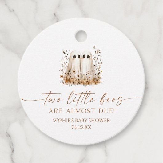 2つの小さなボース幽霊ワイルドフラワーツインベビーシャワー フェイバータグ (正面)
