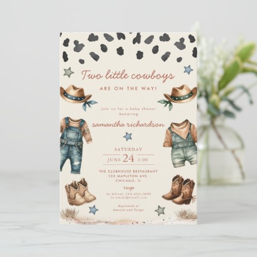 2つの小さな双子のカウボーイの途中の男の子のシャワー 招待状 (スタンド正面)
