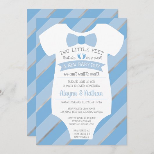 2つの小さな足赤ちゃんシャワー招待状、ボウタイ 招待状 (正面/裏面)