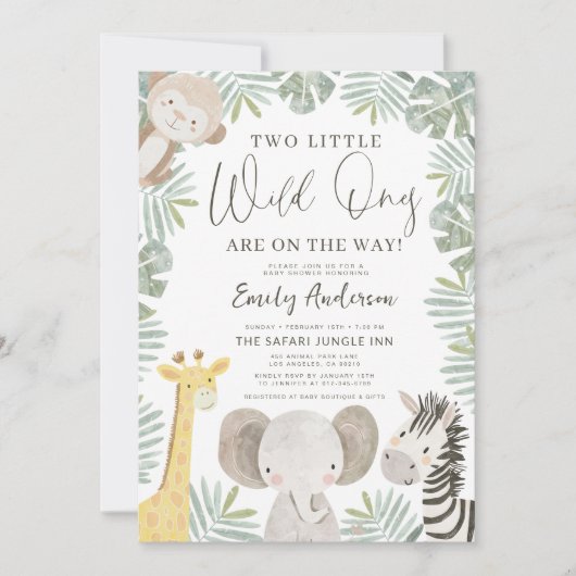 2つの小さな野生のものサファリ動物の赤ちゃんシャワー 招待状 (正面)
