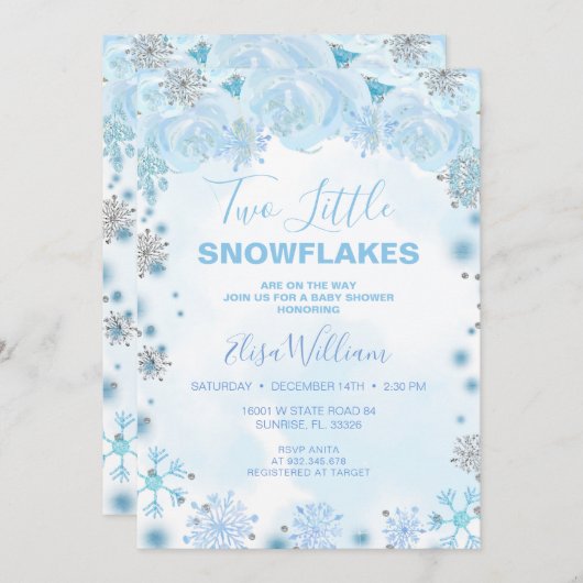 2つの小さな雪の結晶がベビーシャワーの途中にある 招待状 (正面/裏面)