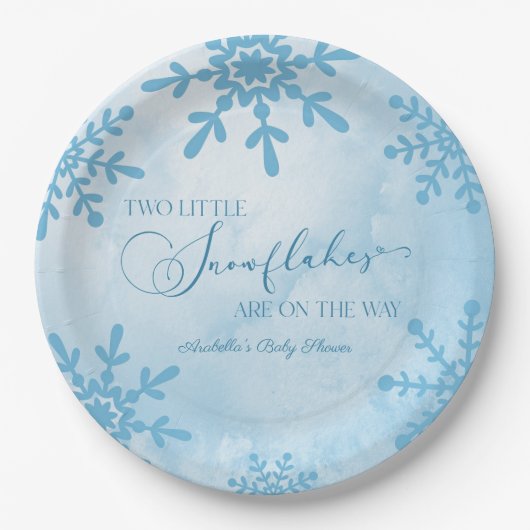 2つの小さな雪の結晶の冬双生児の赤ちゃんシャワー ペーパープレート (正面)