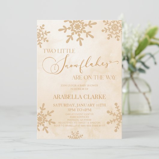 2つの小さな雪の結晶の冬双生児の赤ちゃんシャワー 招待状 (スタンド正面)