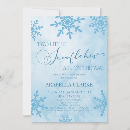 2つの小さな雪の結晶の冬双生児の赤ちゃんシャワー 招待状 (正面)