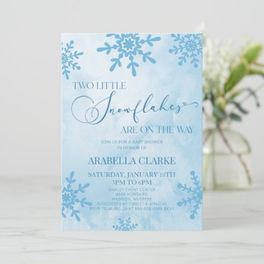 2つの小さな雪の結晶の冬双生児の赤ちゃんシャワー 招待状 (スタンド正面)