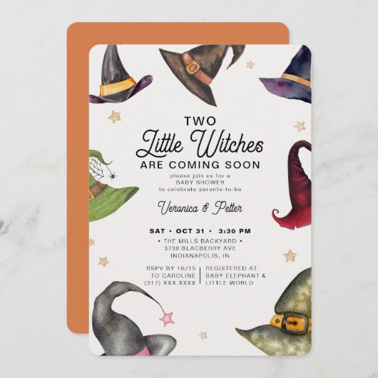 2つの小さな魔女ツインガールハロウィーンベビーシャワー 招待状 (正面/裏面)
