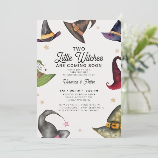 2つの小さな魔女ツインガールハロウィーンベビーシャワー 招待状 (スタンド正面)
