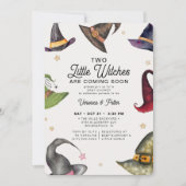2つの小さな魔女ツインガールハロウィーンベビーシャワー 招待状 (正面)