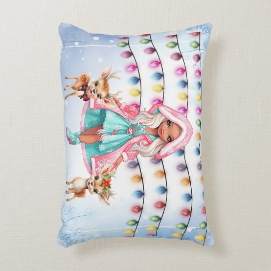 2つの小さな鹿とクリスマスライトを持つ女の子 アクセントクッション (正面(垂直))