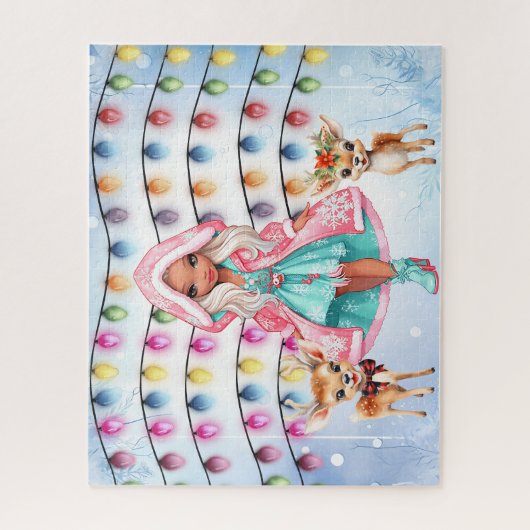 2つの小さな鹿とクリスマスライトを持つ女の子 ジグソーパズル (縦)