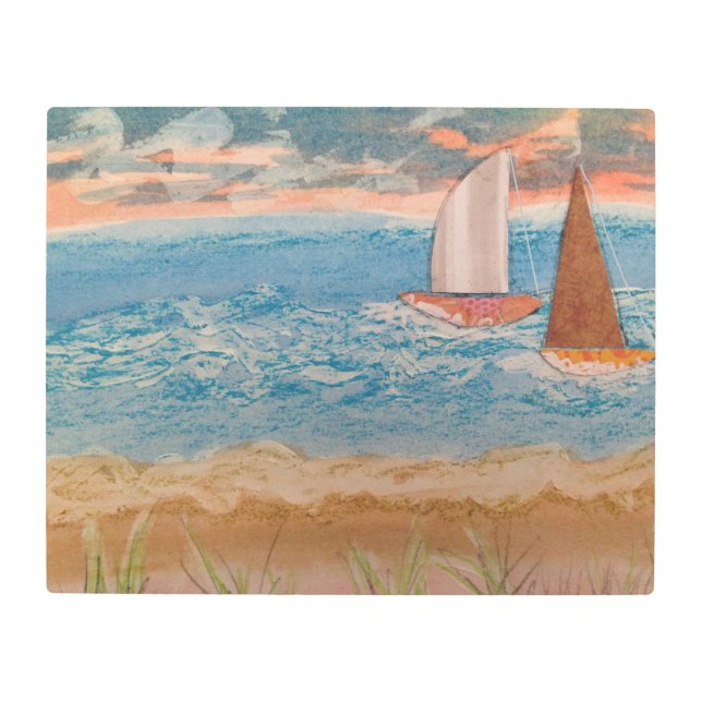 2つの帆船曇り空 メタルプリント (正面)