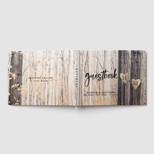 2つの恋人が木を彫った秋フォレ結婚スト ゲストブック (全面)