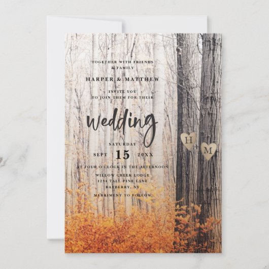 2つの恋人が木を彫った秋フォレ結婚スト 招待状 (正面)