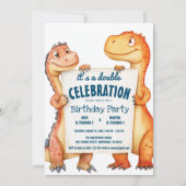 2つの恐竜の保持サインダブルバースデーパーティー 招待状 (正面)