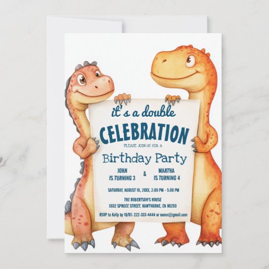2つの恐竜の保持サインダブルバースデーパーティー 招待状 (正面)