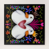 2つの愛の鳥のハート花バレンタインデイカラー ジグソーパズル (横)