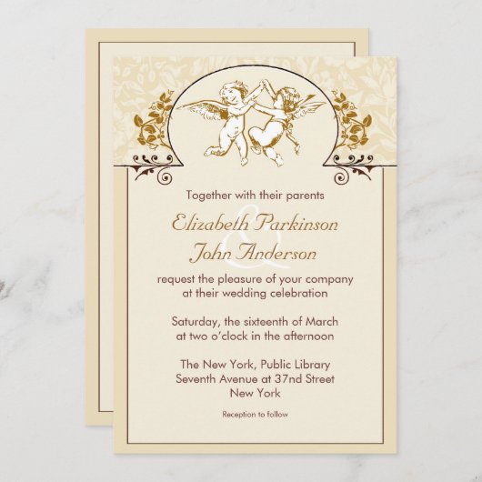 2つの愛天使のヴィンテージの結婚式招待状 招待状 (正面/裏面)