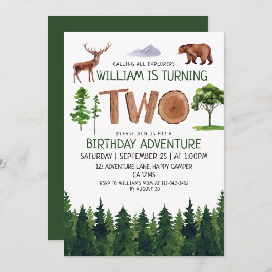 2つの探検家アドベンチャーボーイズ2nd誕生日 招待状 (正面/裏面)