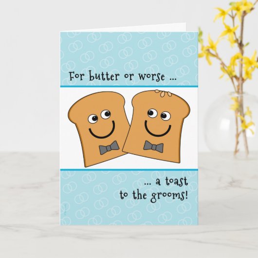 2つの新郎の陽気な結婚式のお祝いのおもしろいなトースト カード (黄色い花)