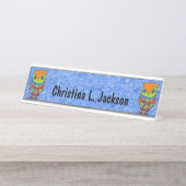 2つの明るい色の抽象芸術フクロムスターアイズブルー デスクネームプレート (正面)