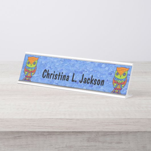 2つの明るい色の抽象芸術フクロムスターアイズブルー デスクネームプレート (正面)