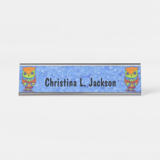 2つの明るい色の抽象芸術フクロムスターアイズブルー デスクネームプレート (正面)