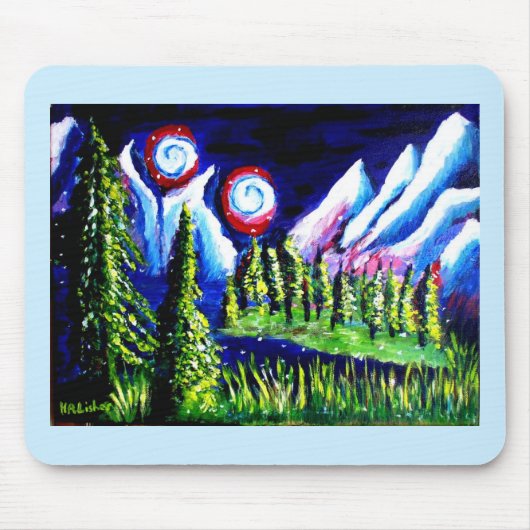 2つの月の山の木取り版アート マウスパッド (正面)