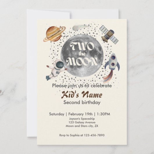 2つの月の惑星男女兼用2番目の誕生日 招待状 (正面)