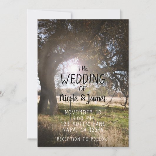 2つの木素朴の正午の夕暮れサンセットカントリーウェディング 招待状 (正面)