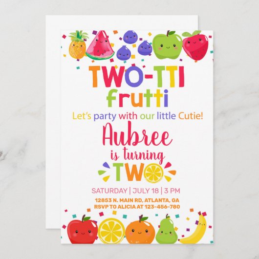 2つの果物の女の子2番目の誕生日の招待。 招待状 (正面/裏面)