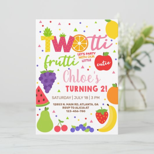 2つの果物の女の子2番目の誕生日の招待。 招待状 (スタンド正面)