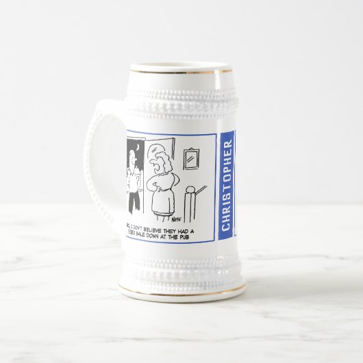 2つの楽しいビールテーマのキャラクター（名前入り）。 ビールジョッキ (正面左)