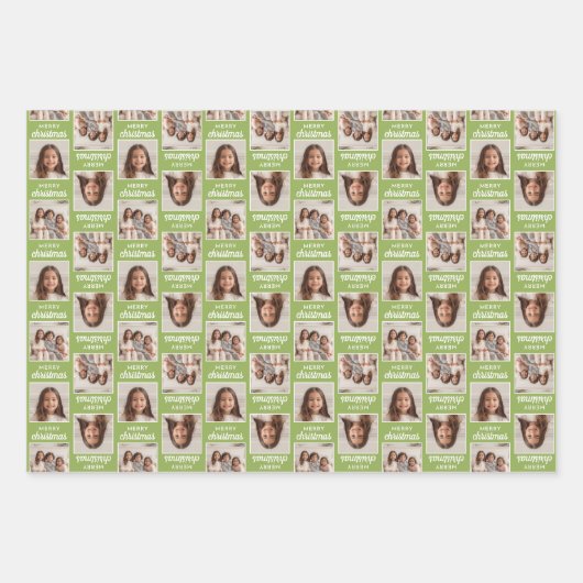 2つの正方形の写真とメリークリスマス – 赤い緑 ラッピングペーパーシート (正面3)