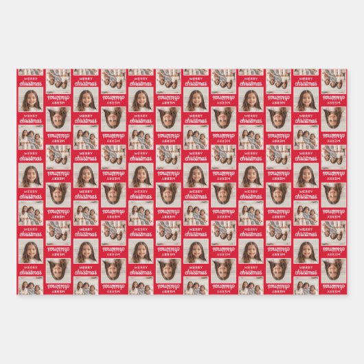2つの正方形の写真とメリークリスマス – 赤い緑 ラッピングペーパーシート (正面)
