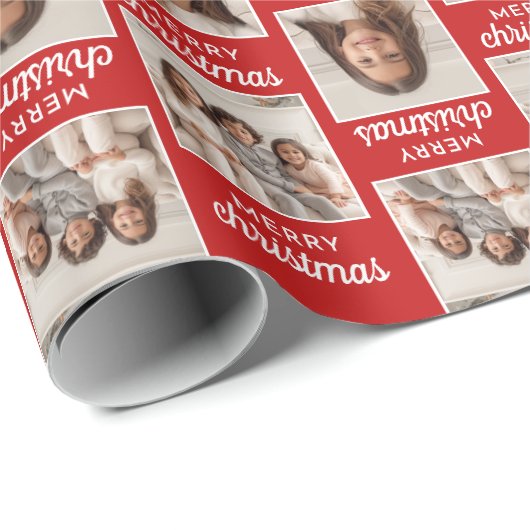 2つの正方形の写真とメリークリスマス – 赤 ラッピングペーパー (ロールコーナー)