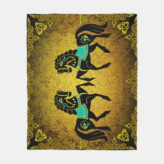 2つの民俗黒いFriesianのバイキングのハートの金ゴールドかターコイズ フリースブランケット (正面)