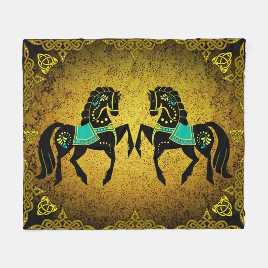 2つの民俗黒いFriesianのバイキングのハートの金ゴールドかターコイズ フリースブランケット (正面(横))