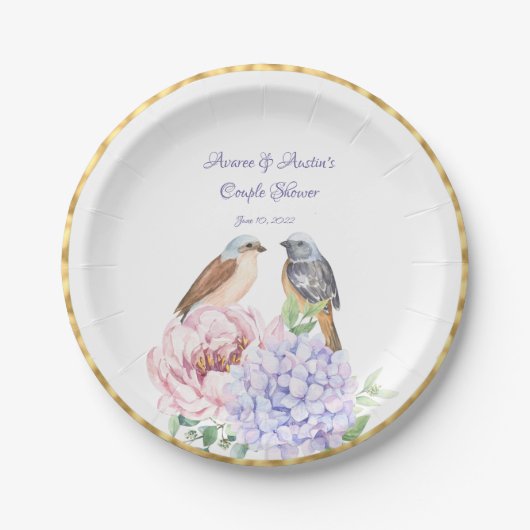2つの水の色の松の鳥カップルのシャワー ペーパープレート (正面)
