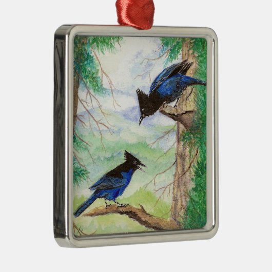 2つの水色の星のジェイ鳥の森の木 メタルオーナメント (右)