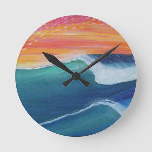 2つの波のオレンジの空 ラウンド壁時計 (正面)