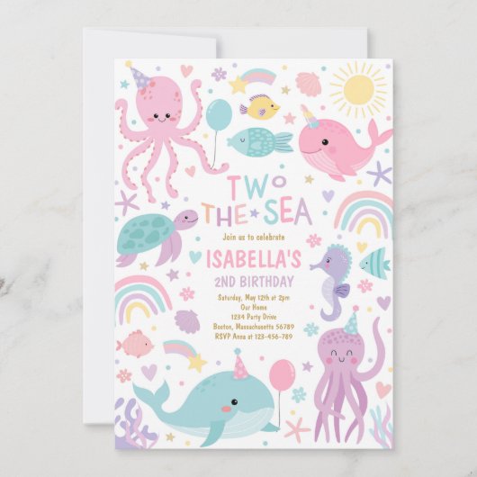 2つの海かわいい海の生き物2nd誕生日パーティー 招待状 (正面)
