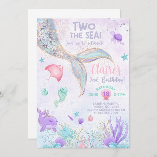 2つの海の女の子2番目の誕生日マーメイドテール招待状。 招待状 (正面/裏面)