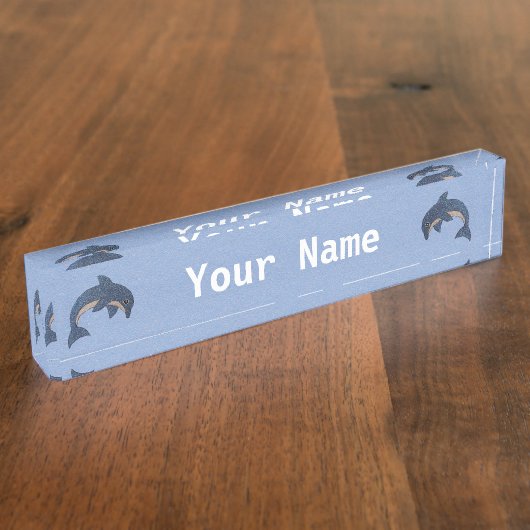 2つの海ブルーと白のジャンピングイルカ デスクネームプレート (側面)