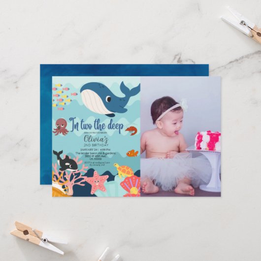 2つの深い、水中2番目の誕生日 招待状 (正面/裏面インサイチュ)