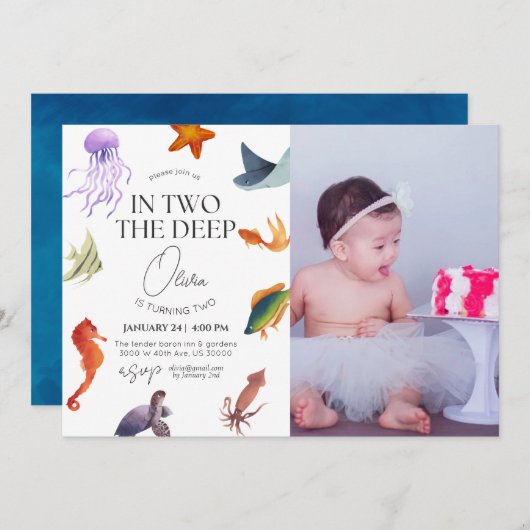 2つの深い、水中2番目の誕生日 招待状 (正面/裏面)