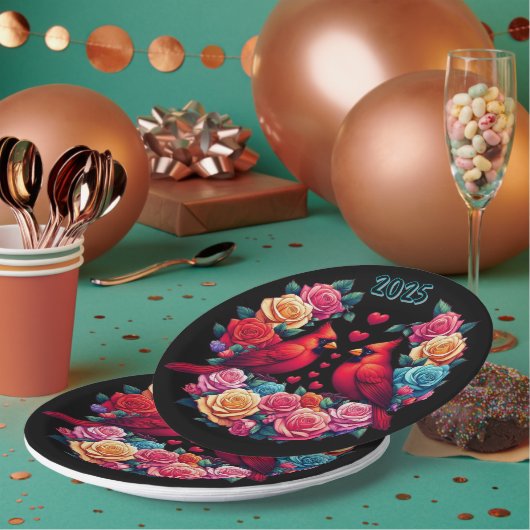 2つの深紅色とカラフルバラとハート ペーパープレート (複数)