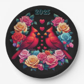 2つの深紅色とカラフルバラとハート ペーパープレート (正面)