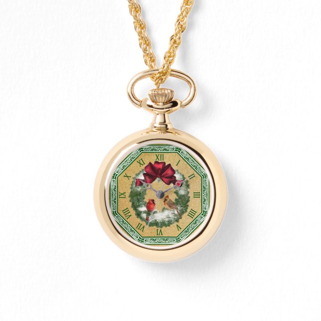 2つの深紅色～雪のクリスマスリース～レッドボウ 腕時計 (正面)