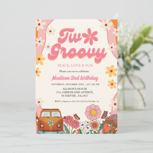 2つの溝のデイジー花レトロGroovy 2番目の誕生日 招待状 (スタンド正面)